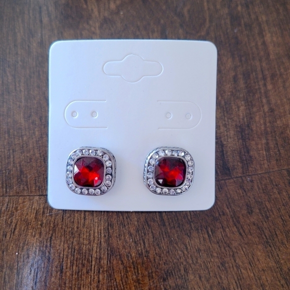 Faux Ruby Red and Rhinestones Stud Silver Tone Earrings - Picture 1 of 4